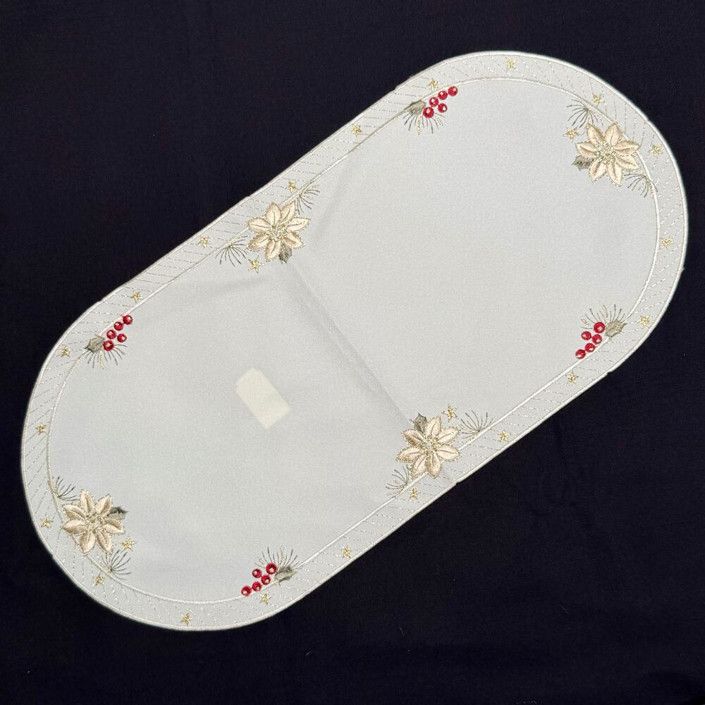 German Embroidered Christmas Table Runner Place Mat Poinsettia 11x22 Gold Thread - Picture 2 of 7